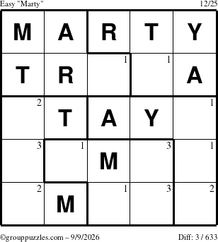 The grouppuzzles.com Easy Marty puzzle for Wednesday September 9, 2026 with the first 3 steps marked