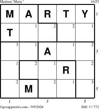 The grouppuzzles.com Medium Marty puzzle for Wednesday September 9, 2026 with all 3 steps marked
