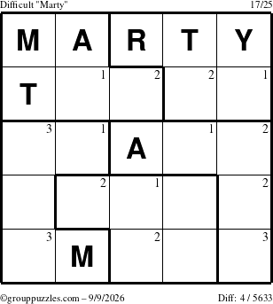 The grouppuzzles.com Difficult Marty puzzle for Wednesday September 9, 2026 with the first 3 steps marked