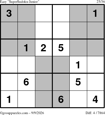 The grouppuzzles.com Easy SuperSudoku-Junior puzzle for Wednesday September 9, 2026