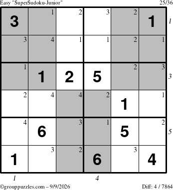The grouppuzzles.com Easy SuperSudoku-Junior puzzle for Wednesday September 9, 2026, suitable for printing, with all 4 steps marked