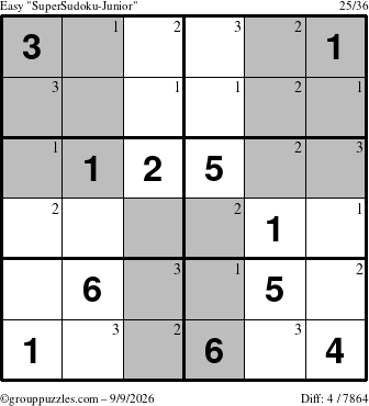 The grouppuzzles.com Easy SuperSudoku-Junior puzzle for Wednesday September 9, 2026 with the first 3 steps marked