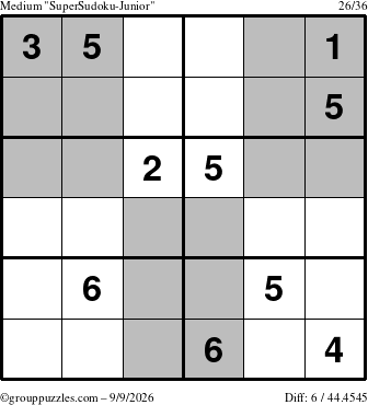 The grouppuzzles.com Medium SuperSudoku-Junior puzzle for Wednesday September 9, 2026