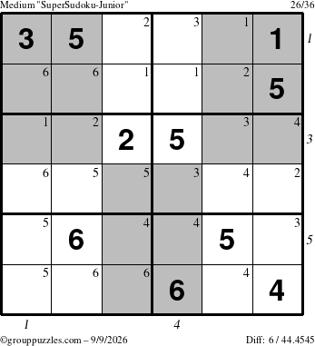 The grouppuzzles.com Medium SuperSudoku-Junior puzzle for Wednesday September 9, 2026, suitable for printing, with all 6 steps marked
