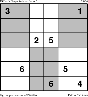 The grouppuzzles.com Difficult SuperSudoku-Junior puzzle for Wednesday September 9, 2026