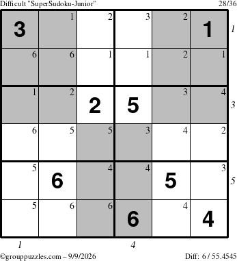 The grouppuzzles.com Difficult SuperSudoku-Junior puzzle for Wednesday September 9, 2026 with all 6 steps marked