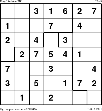 The grouppuzzles.com Easy Sudoku-7B puzzle for Wednesday September 9, 2026