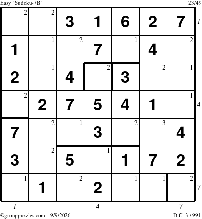 The grouppuzzles.com Easy Sudoku-7B puzzle for Wednesday September 9, 2026, suitable for printing, with all 3 steps marked