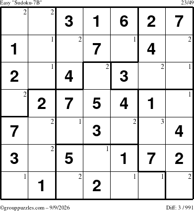The grouppuzzles.com Easy Sudoku-7B puzzle for Wednesday September 9, 2026 with the first 3 steps marked