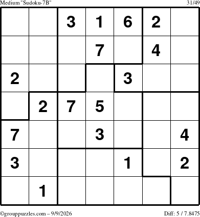 The grouppuzzles.com Medium Sudoku-7B puzzle for Wednesday September 9, 2026