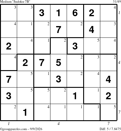 The grouppuzzles.com Medium Sudoku-7B puzzle for Wednesday September 9, 2026, suitable for printing, with all 5 steps marked