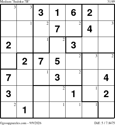 The grouppuzzles.com Medium Sudoku-7B puzzle for Wednesday September 9, 2026 with the first 3 steps marked