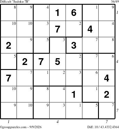 The grouppuzzles.com Difficult Sudoku-7B puzzle for Wednesday September 9, 2026 with all 10 steps marked