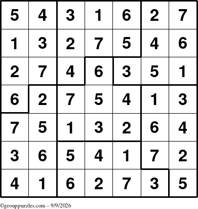 The grouppuzzles.com Answer grid for the Sudoku-7B puzzle for Wednesday September 9, 2026