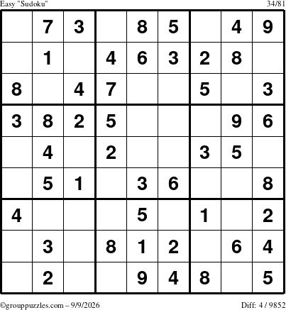 The grouppuzzles.com Easy Sudoku puzzle for Wednesday September 9, 2026