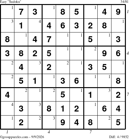 The grouppuzzles.com Easy Sudoku puzzle for Wednesday September 9, 2026 with all 4 steps marked