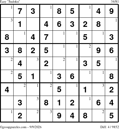 The grouppuzzles.com Easy Sudoku puzzle for Wednesday September 9, 2026 with the first 3 steps marked
