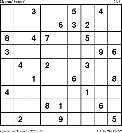 The grouppuzzles.com Medium Sudoku puzzle for Wednesday September 9, 2026