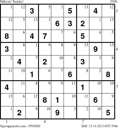 The grouppuzzles.com Difficult Sudoku puzzle for Wednesday September 9, 2026 with all 13 steps marked