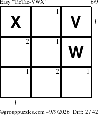 The grouppuzzles.com Easy TicTac-VWX puzzle for Wednesday September 9, 2026 with all 2 steps marked