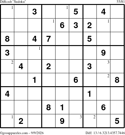 The grouppuzzles.com Difficult Sudoku puzzle for Wednesday September 9, 2026 with the first 3 steps marked