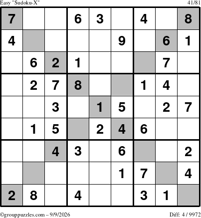 The grouppuzzles.com Easy Sudoku-X puzzle for Wednesday September 9, 2026