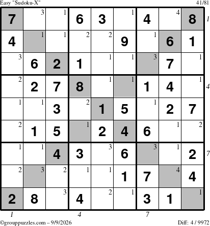 The grouppuzzles.com Easy Sudoku-X puzzle for Wednesday September 9, 2026, suitable for printing, with all 4 steps marked