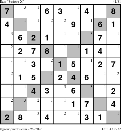 The grouppuzzles.com Easy Sudoku-X puzzle for Wednesday September 9, 2026 with the first 3 steps marked