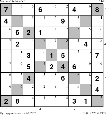 The grouppuzzles.com Medium Sudoku-X puzzle for Wednesday September 9, 2026 with all 8 steps marked