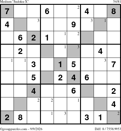 The grouppuzzles.com Medium Sudoku-X puzzle for Wednesday September 9, 2026 with the first 3 steps marked