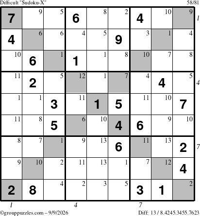 The grouppuzzles.com Difficult Sudoku-X puzzle for Wednesday September 9, 2026, suitable for printing, with all 13 steps marked