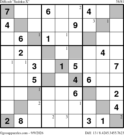The grouppuzzles.com Difficult Sudoku-X puzzle for Wednesday September 9, 2026 with the first 3 steps marked