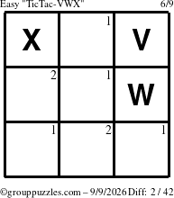 The grouppuzzles.com Easy TicTac-VWX puzzle for Wednesday September 9, 2026 with the first 2 steps marked