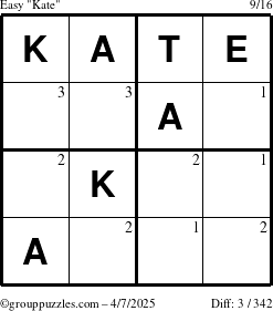 The grouppuzzles.com Easy Kate puzzle for Monday April 7, 2025 with the first 3 steps marked