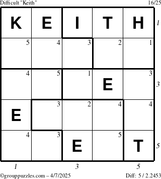 The grouppuzzles.com Difficult Keith puzzle for Monday April 7, 2025, suitable for printing, with all 5 steps marked