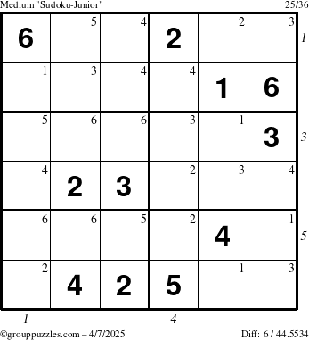 The grouppuzzles.com Medium Sudoku-Junior puzzle for Monday April 7, 2025 with all 6 steps marked