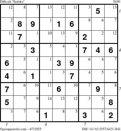 The grouppuzzles.com Difficult Sudoku puzzle for Monday April 7, 2025, suitable for printing, with all 14 steps marked