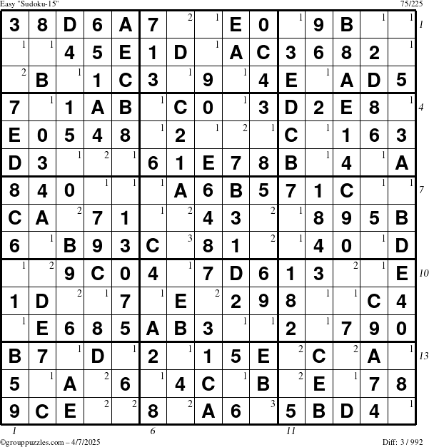 The grouppuzzles.com Easy Sudoku-15 puzzle for Monday April 7, 2025 with all 3 steps marked