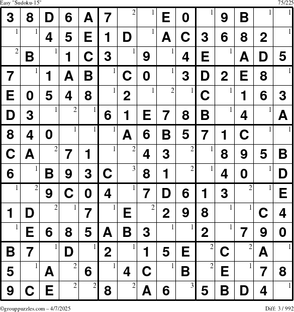 The grouppuzzles.com Easy Sudoku-15 puzzle for Monday April 7, 2025 with the first 3 steps marked