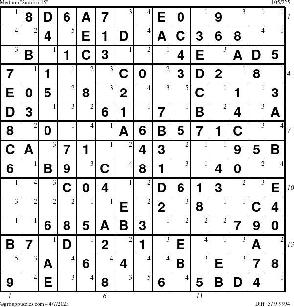 The grouppuzzles.com Medium Sudoku-15 puzzle for Monday April 7, 2025 with all 5 steps marked