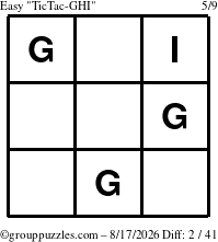 The grouppuzzles.com Easy TicTac-GHI puzzle for Monday August 17, 2026