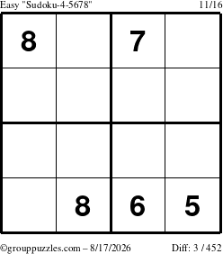 The grouppuzzles.com Easy Sudoku-4-5678 puzzle for Monday August 17, 2026