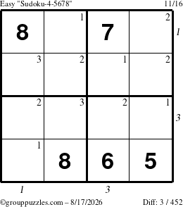 The grouppuzzles.com Easy Sudoku-4-5678 puzzle for Monday August 17, 2026 with all 3 steps marked
