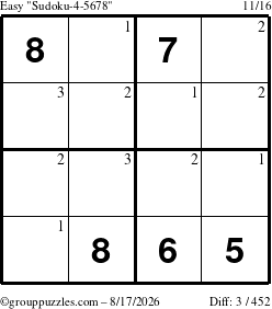 The grouppuzzles.com Easy Sudoku-4-5678 puzzle for Monday August 17, 2026 with the first 3 steps marked