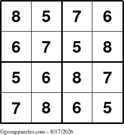 The grouppuzzles.com Answer grid for the Sudoku-4-5678 puzzle for Monday August 17, 2026