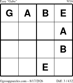 The grouppuzzles.com Easy Gabe puzzle for Monday August 17, 2026