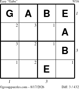 The grouppuzzles.com Easy Gabe puzzle for Monday August 17, 2026 with all 3 steps marked