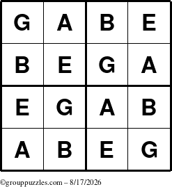 The grouppuzzles.com Answer grid for the Gabe puzzle for Monday August 17, 2026
