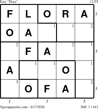 The grouppuzzles.com Easy Flora puzzle for Monday August 17, 2026 with all 3 steps marked