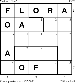 The grouppuzzles.com Medium Flora puzzle for Monday August 17, 2026, suitable for printing, with all 4 steps marked